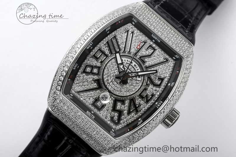 Vanguard V45 SS ABF Best Edition Full Diamonds Dial on Black Leather Strap A2824