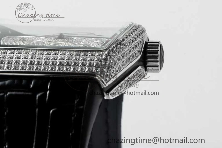 Vanguard V45 SS ABF Best Edition Full Diamonds Dial on Black Leather Strap A2824