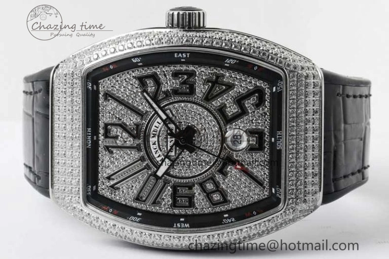 Vanguard V45 SS ABF Best Edition Full Diamonds Dial on Black Leather Strap A2824