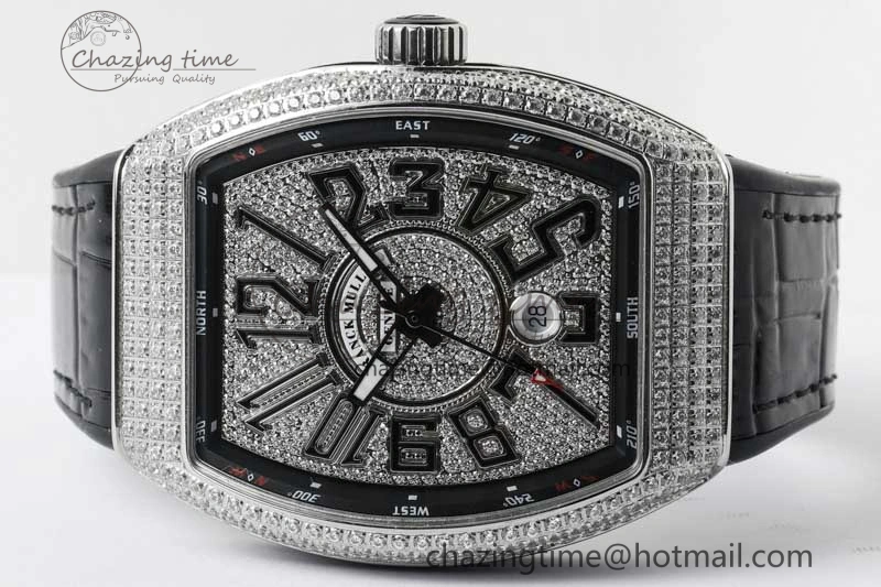 Vanguard V45 SS ABF Best Edition Full Diamonds Dial on Black Leather Strap A2824