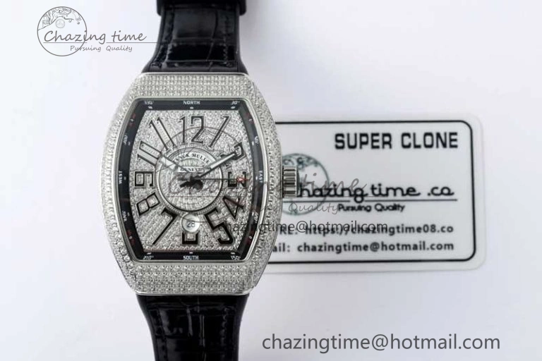 Vanguard V45 SS ABF Best Edition Full Diamonds Dial on Black Leather Strap A2824