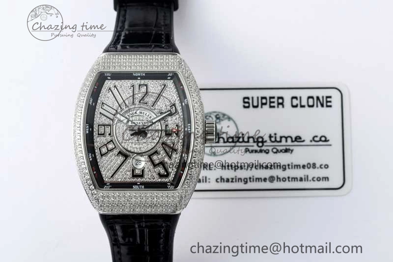 Vanguard V45 SS ABF Best Edition Full Diamonds Dial on Black Leather Strap A2824