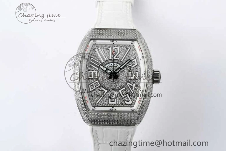 Vanguard V45 SS ABF Best Edition Full Diamonds Dial on White Leather Strap A2824