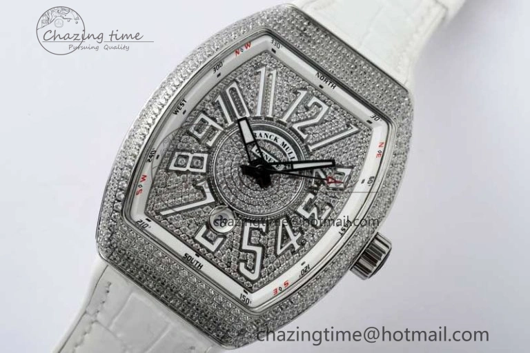 Vanguard V45 SS ABF Best Edition Full Diamonds Dial on White Leather Strap A2824