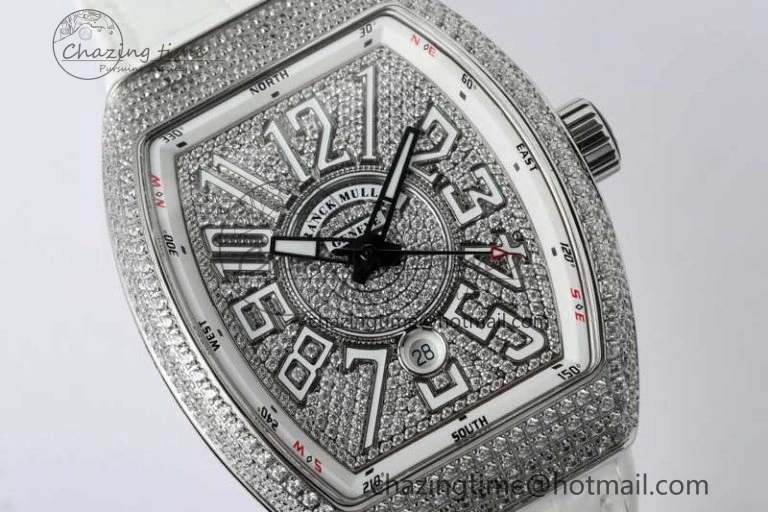Vanguard V45 SS ABF Best Edition Full Diamonds Dial on White Leather Strap A2824