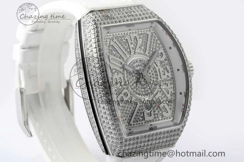 Vanguard V45 SS ABF Best Edition Full Diamonds Dial on White Leather Strap A2824
