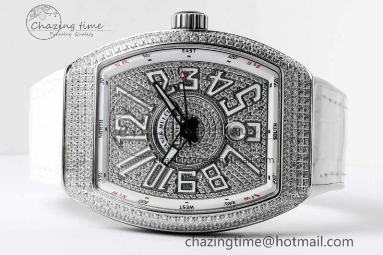 Vanguard V45 SS ABF Best Edition Full Diamonds Dial on White Leather Strap A2824