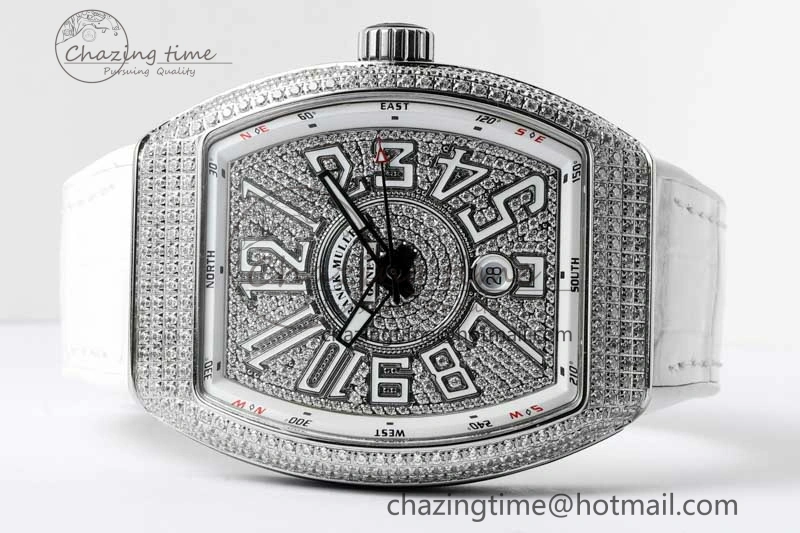 Vanguard V45 SS ABF Best Edition Full Diamonds Dial on White Leather Strap A2824