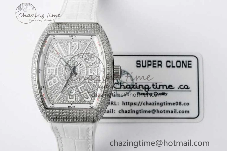 Vanguard V45 SS ABF Best Edition Full Diamonds Dial on White Leather Strap A2824