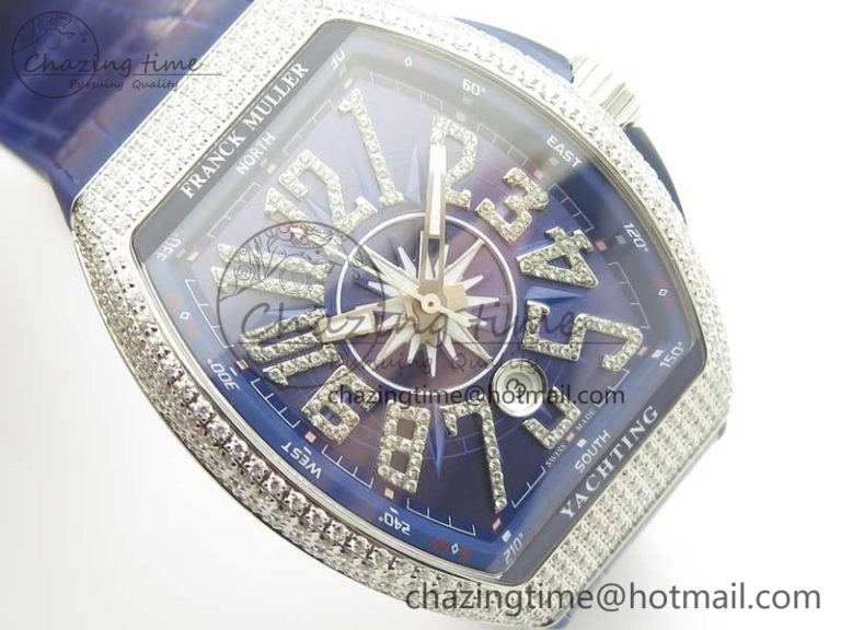 Vanguard V45 SS Full Diamonds ABF Best Edition Blue Textured Dial Diamonds Markers on Blue Gummy Strap A2824