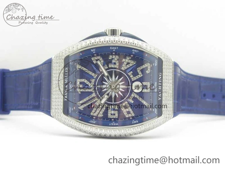 Vanguard V45 SS Full Diamonds ABF Best Edition Blue Textured Dial Diamonds Markers on Blue Gummy Strap A2824