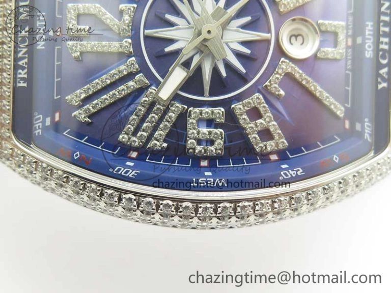 Vanguard V45 SS Full Diamonds ABF Best Edition Blue Textured Dial Diamonds Markers on Blue Gummy Strap A2824
