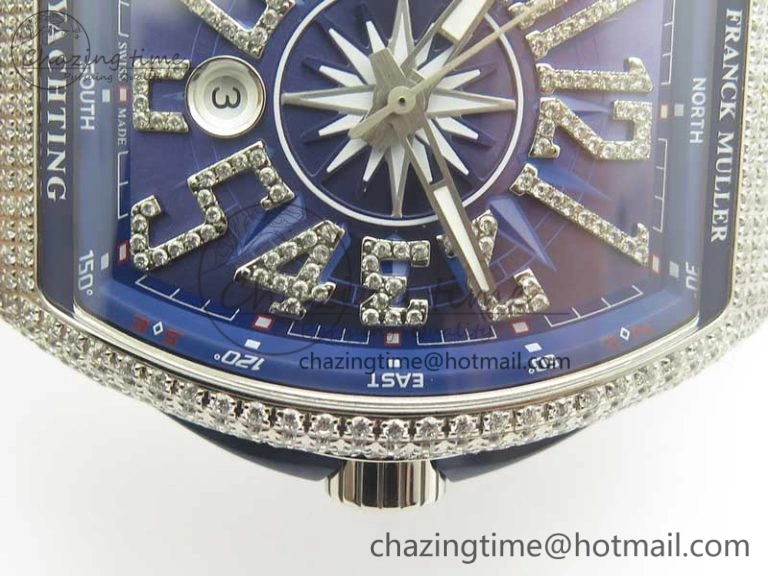 Vanguard V45 SS Full Diamonds ABF Best Edition Blue Textured Dial Diamonds Markers on Blue Gummy Strap A2824