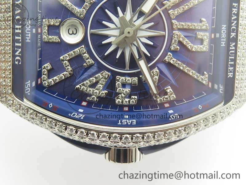 Vanguard V45 SS Full Diamonds ABF Best Edition Blue Textured Dial Diamonds Markers on Blue Gummy Strap A2824