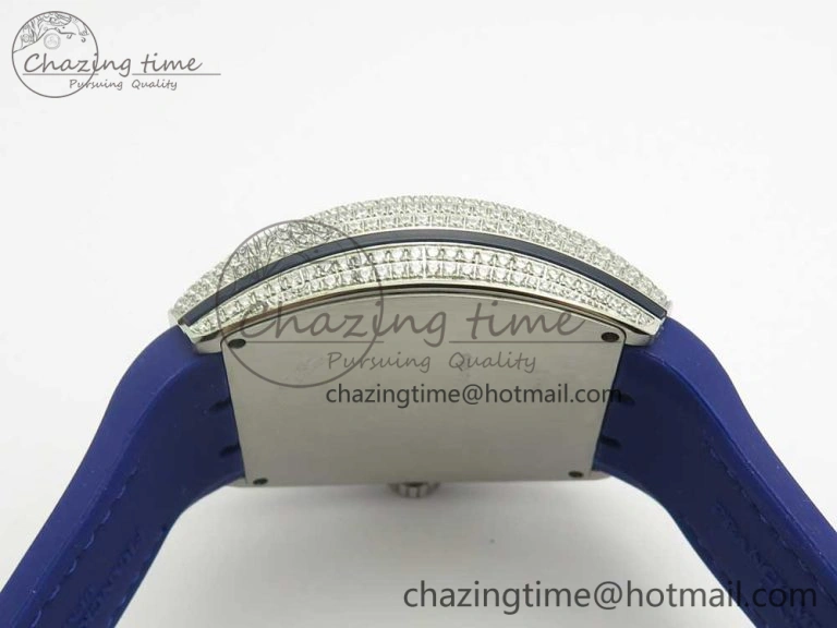 Vanguard V45 SS Full Diamonds Blue Textured Numbers Markers on Blue Gummy Strap A2813