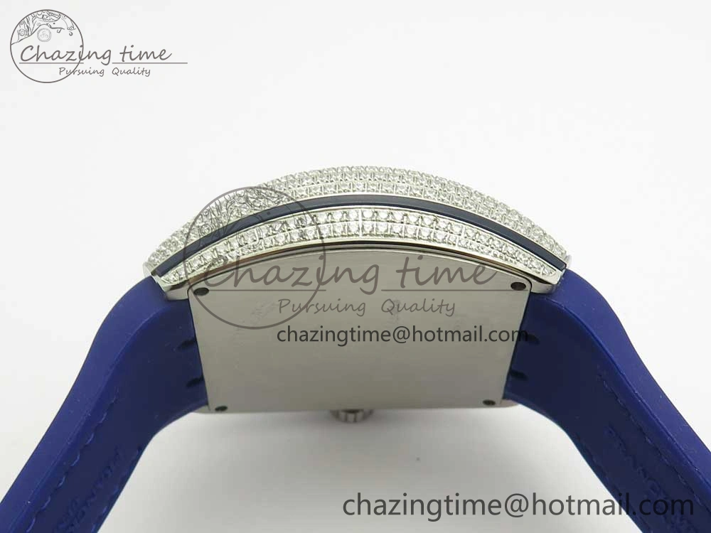 Vanguard V45 SS Full Diamonds Blue Textured Numbers Markers on Blue Gummy Strap A2813