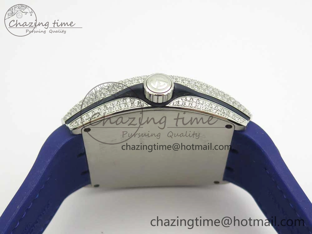 Vanguard V45 SS Full Diamonds Blue Textured Numbers Markers on Blue Gummy Strap A2813