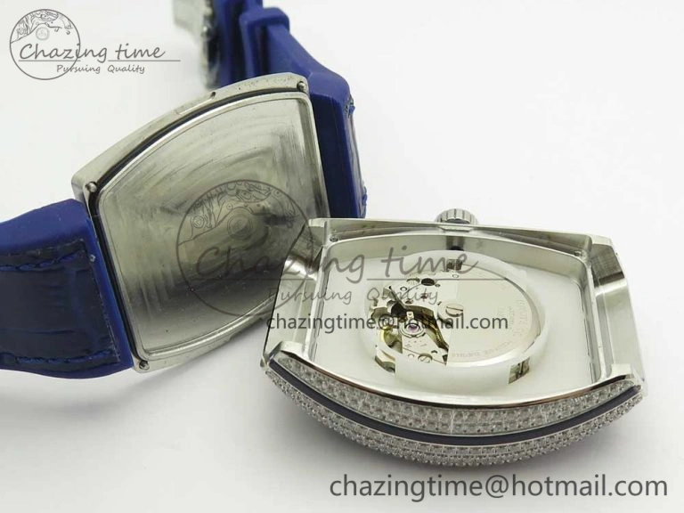 Vanguard V45 SS Full Diamonds Blue Textured Numbers Markers on Blue Gummy Strap A2813