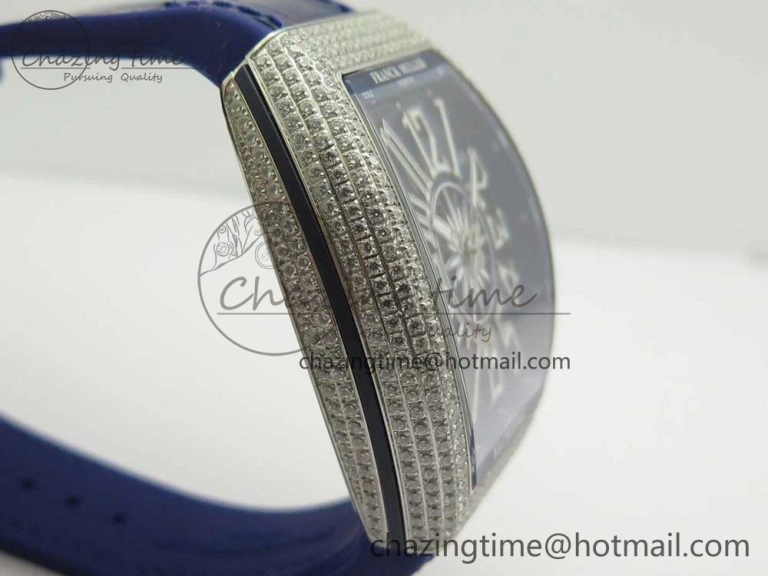 Vanguard V45 SS Full Diamonds Blue Textured Numbers Markers on Blue Gummy Strap A2813