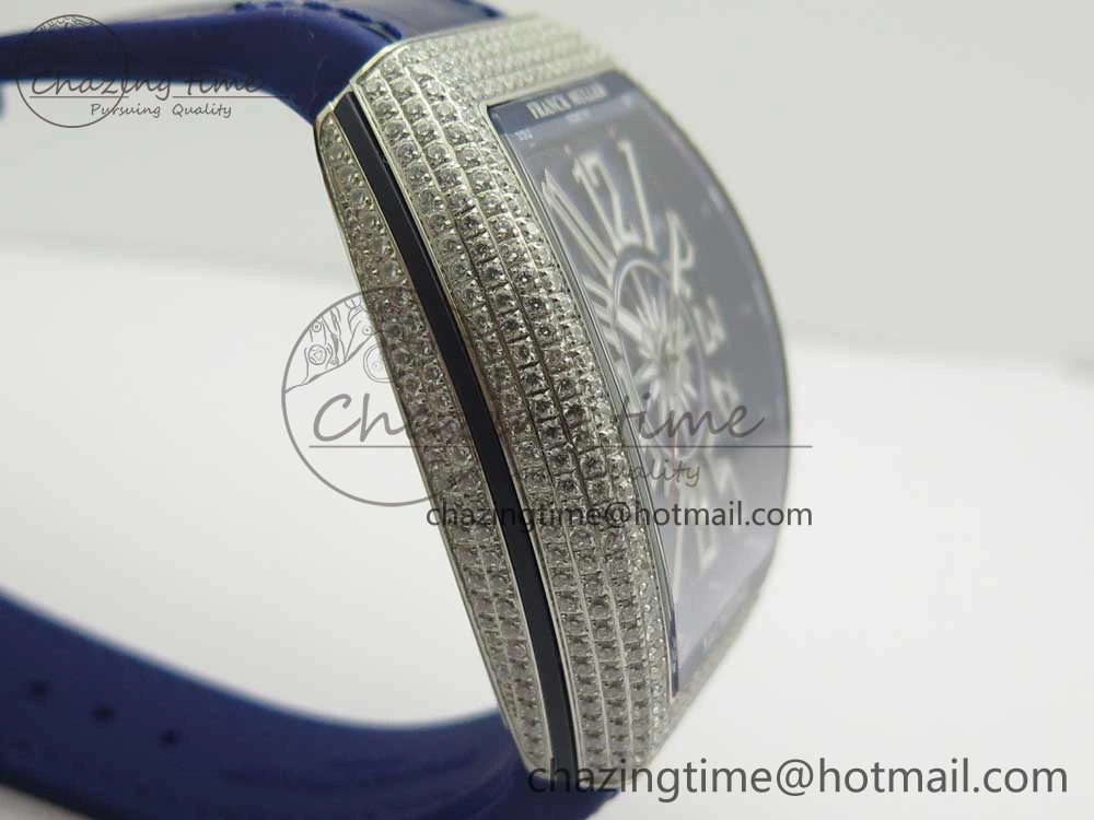 Vanguard V45 SS Full Diamonds Blue Textured Numbers Markers on Blue Gummy Strap A2813