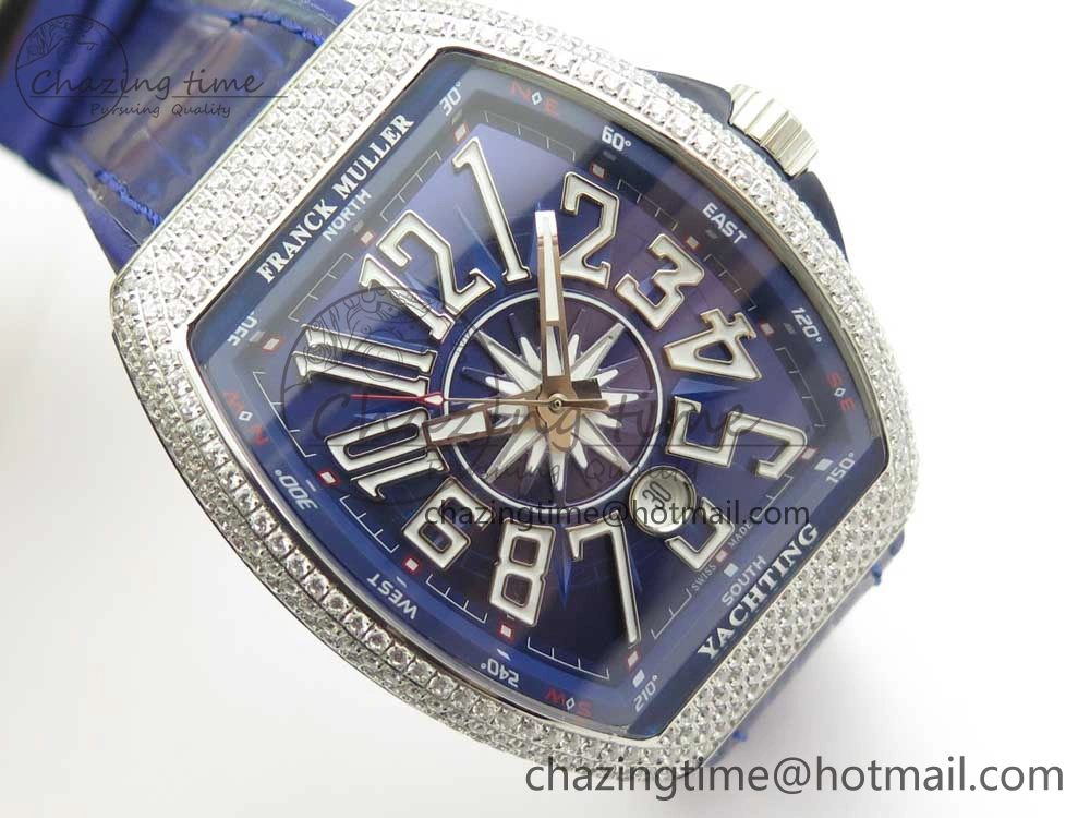 Vanguard V45 SS Full Diamonds Blue Textured Numbers Markers on Blue Gummy Strap A2813