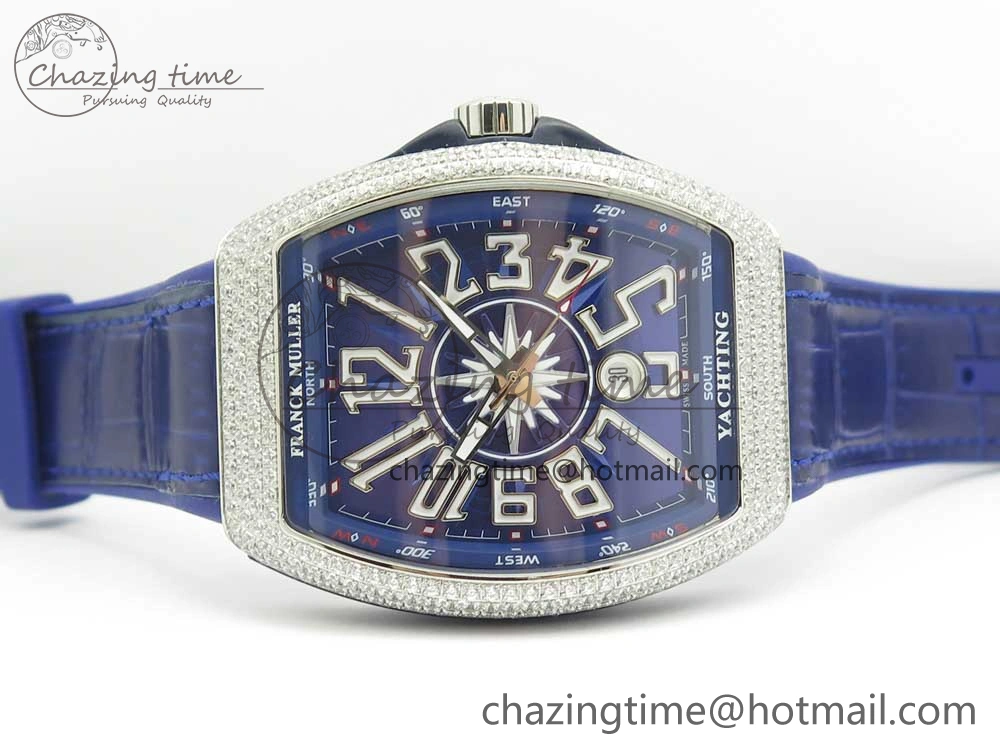 Vanguard V45 SS Full Diamonds Blue Textured Numbers Markers on Blue Gummy Strap A2813