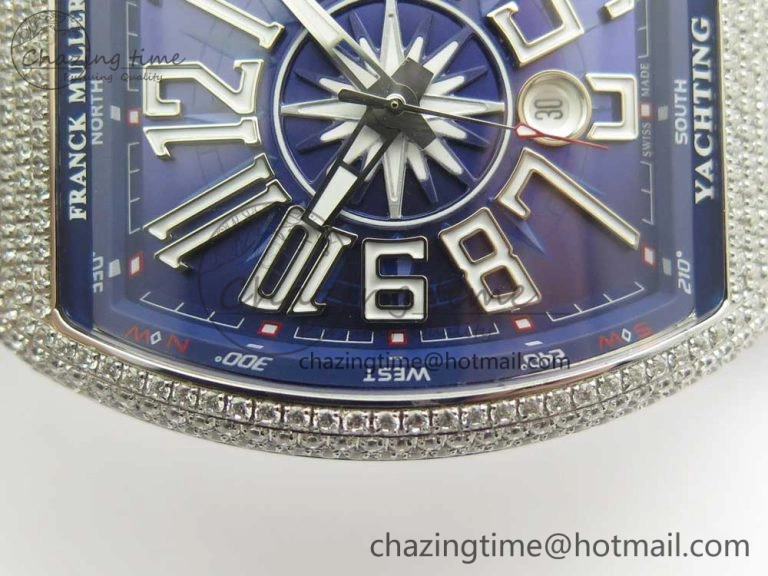Vanguard V45 SS Full Diamonds Blue Textured Numbers Markers on Blue Gummy Strap A2813