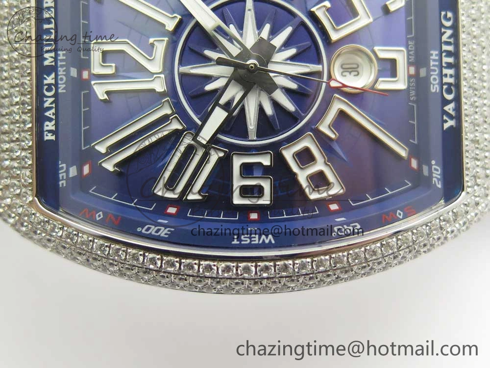 Vanguard V45 SS Full Diamonds Blue Textured Numbers Markers on Blue Gummy Strap A2813