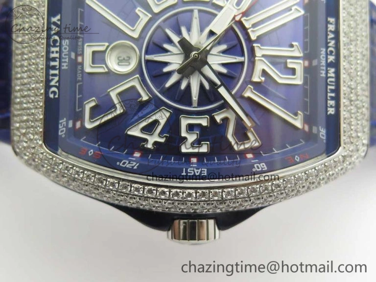 Vanguard V45 SS Full Diamonds Blue Textured Numbers Markers on Blue Gummy Strap A2813