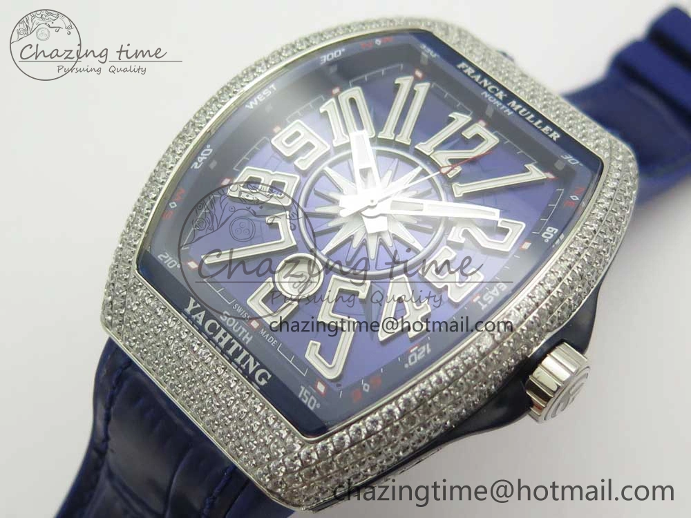 Vanguard V45 SS Full Diamonds Blue Textured Numbers Markers on Blue Gummy Strap A2813