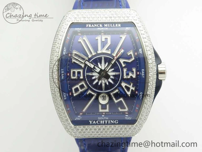 Vanguard V45 SS Full Diamonds Blue Textured Numbers Markers on Blue Gummy Strap A2813