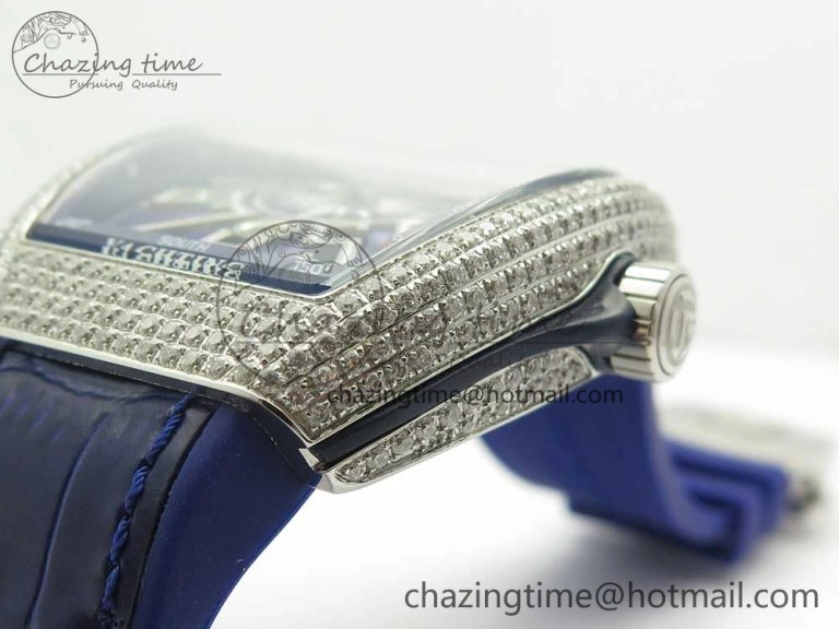 Vanguard V45 SS Full Diamonds Blue Textured Numbers Markers on Blue Gummy Strap A2813