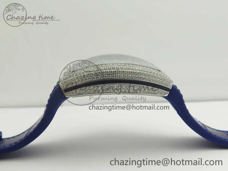 Vanguard V45 SS Full Diamonds Blue Textured Numbers Markers on Blue Gummy Strap A2813