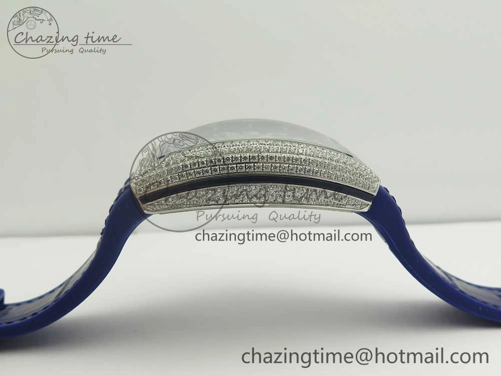Vanguard V45 SS Full Diamonds Blue Textured Numbers Markers on Blue Gummy Strap A2813
