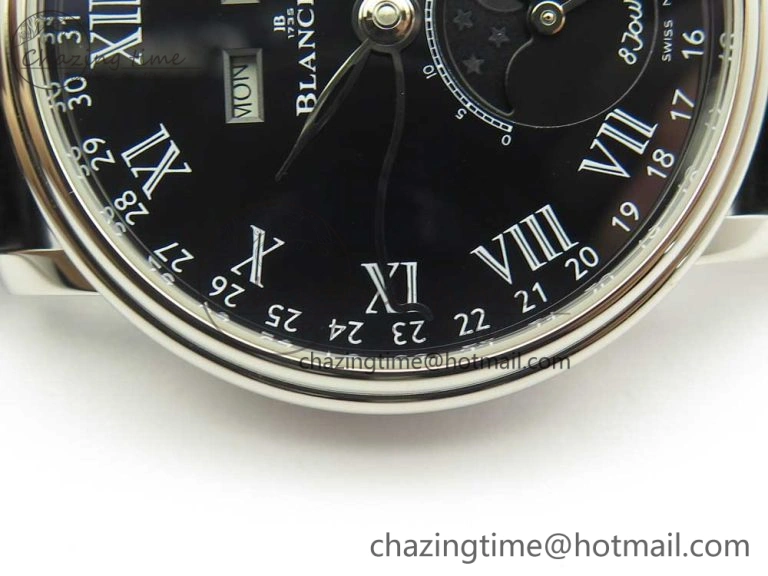 Villeret Quantième Complet 8 Jours SS Complicated Function OMF 1:1 Best Edition Black Dial on Black Leather Strap A6639