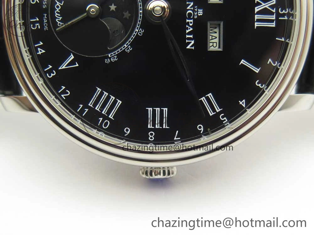 Villeret Quantième Complet 8 Jours SS Complicated Function OMF 1:1 Best Edition Black Dial on Black Leather Strap A6639