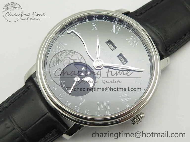 Villeret Quantième Complet 8 Jours SS Complicated Function OMF 1:1 Best Edition Black Dial on Black Leather Strap A6639