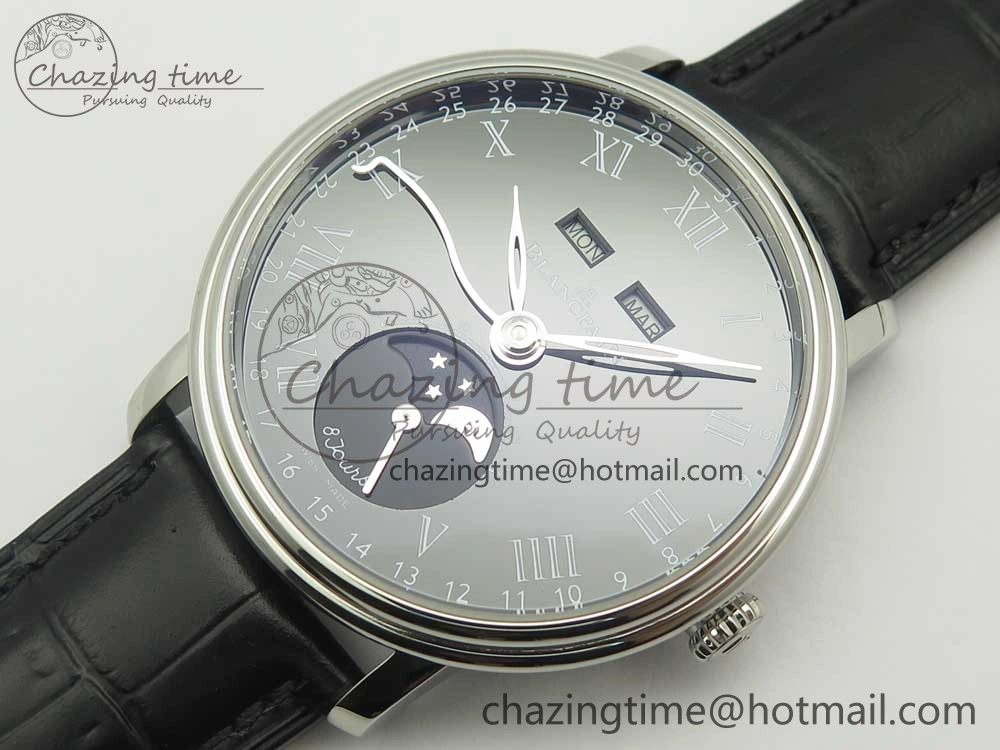 Villeret Quantième Complet 8 Jours SS Complicated Function OMF 1:1 Best Edition Black Dial on Black Leather Strap A6639