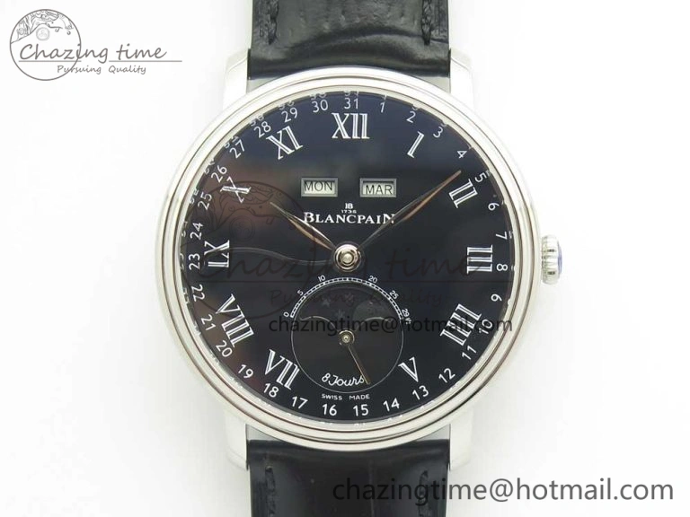 Villeret Quantième Complet 8 Jours SS Complicated Function OMF 1:1 Best Edition Black Dial on Black Leather Strap A6639