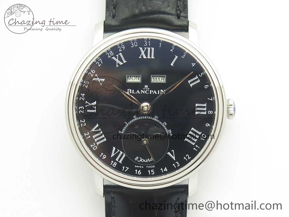Villeret Quantième Complet 8 Jours SS Complicated Function OMF 1:1 Best Edition Black Dial on Black Leather Strap A6639
