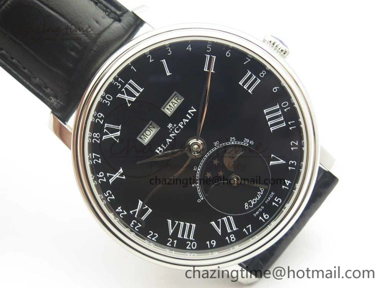 Villeret Quantième Complet 8 Jours SS Complicated Function OMF 1:1 Best Edition Black Dial on Black Leather Strap A6639
