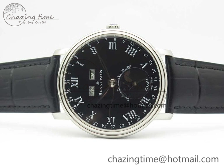Villeret Quantième Complet 8 Jours SS Complicated Function OMF 1:1 Best Edition Black Dial on Black Leather Strap A6639