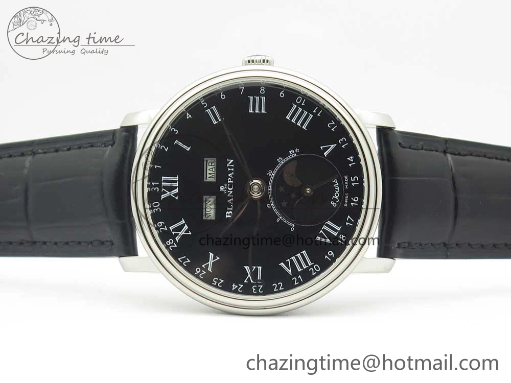 Villeret Quantième Complet 8 Jours SS Complicated Function OMF 1:1 Best Edition Black Dial on Black Leather Strap A6639