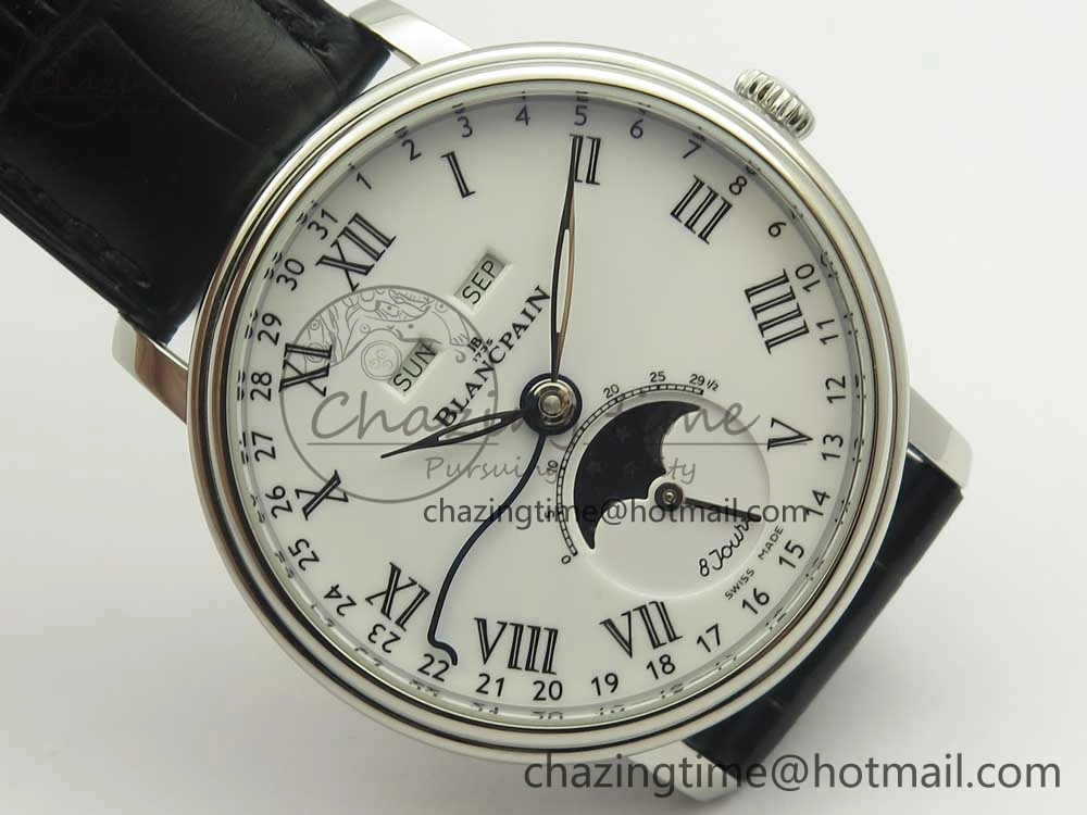 Villeret Quantième Complet 8 Jours SS Complicated Function OMF 1:1 Best Edition White Dial on Black Leather Strap A6639