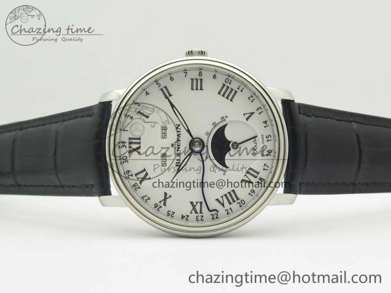 Villeret Quantième Complet 8 Jours SS Complicated Function OMF 1:1 Best Edition White Dial on Black Leather Strap A6639