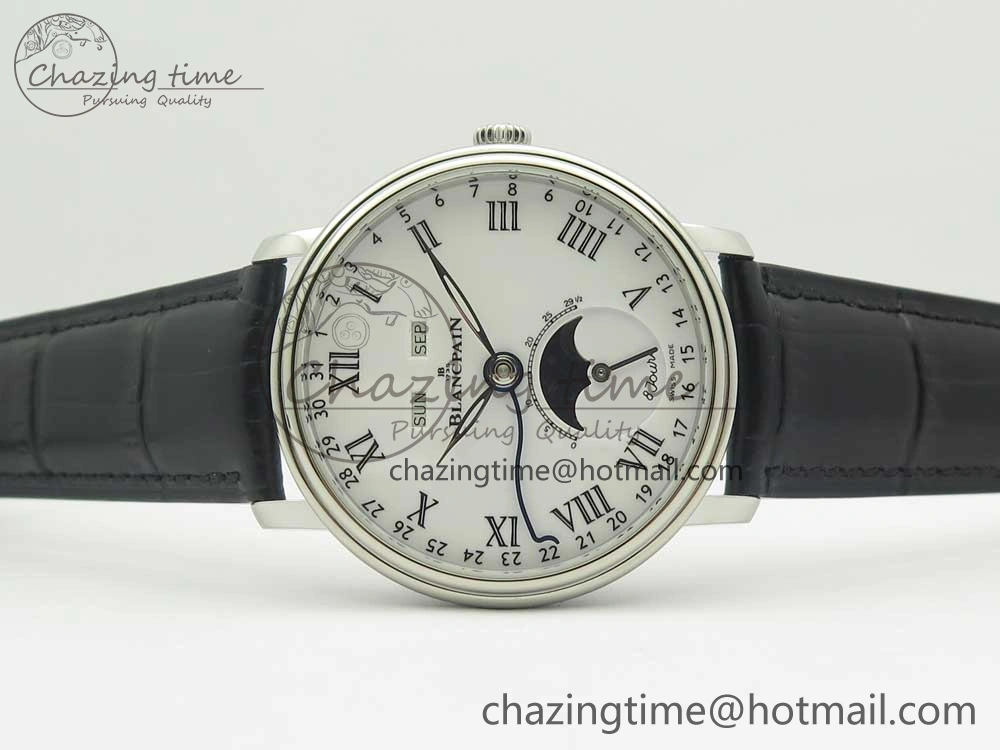 Villeret Quantième Complet 8 Jours SS Complicated Function OMF 1:1 Best Edition White Dial on Black Leather Strap A6639