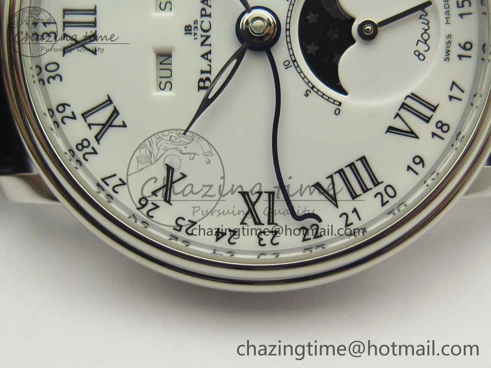 Villeret Quantième Complet 8 Jours SS Complicated Function OMF 1:1 Best Edition White Dial on Black Leather Strap A6639