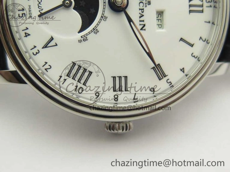Villeret Quantième Complet 8 Jours SS Complicated Function OMF 1:1 Best Edition White Dial on Black Leather Strap A6639