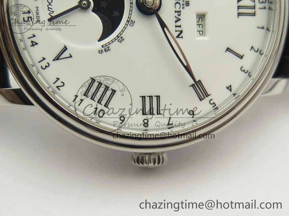 Villeret Quantième Complet 8 Jours SS Complicated Function OMF 1:1 Best Edition White Dial on Black Leather Strap A6639