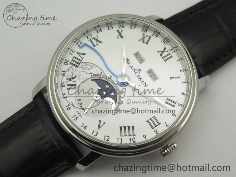 Villeret Quantième Complet 8 Jours SS Complicated Function OMF 1:1 Best Edition White Dial on Black Leather Strap A6639